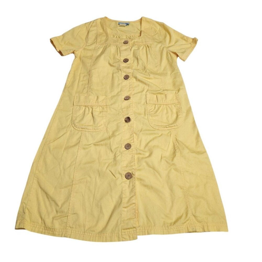 Vintage Koret Women’s Yellow Denim Dress With Pockets 100% Cotton Button Up Sz L